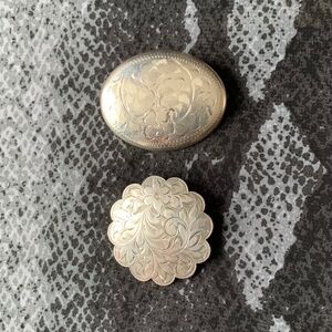 2x Sterling Silver Brooches - Engraved Flower & Leaves